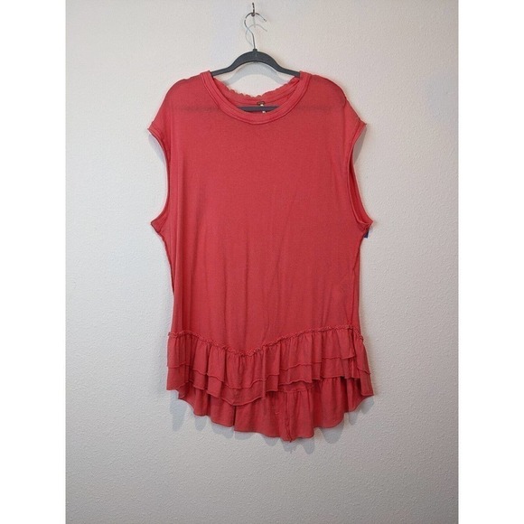 Free People Sleeveless Mini Dress Coral Small Ruffled Distressed Tee Cotton Top - Picture 2 of 7